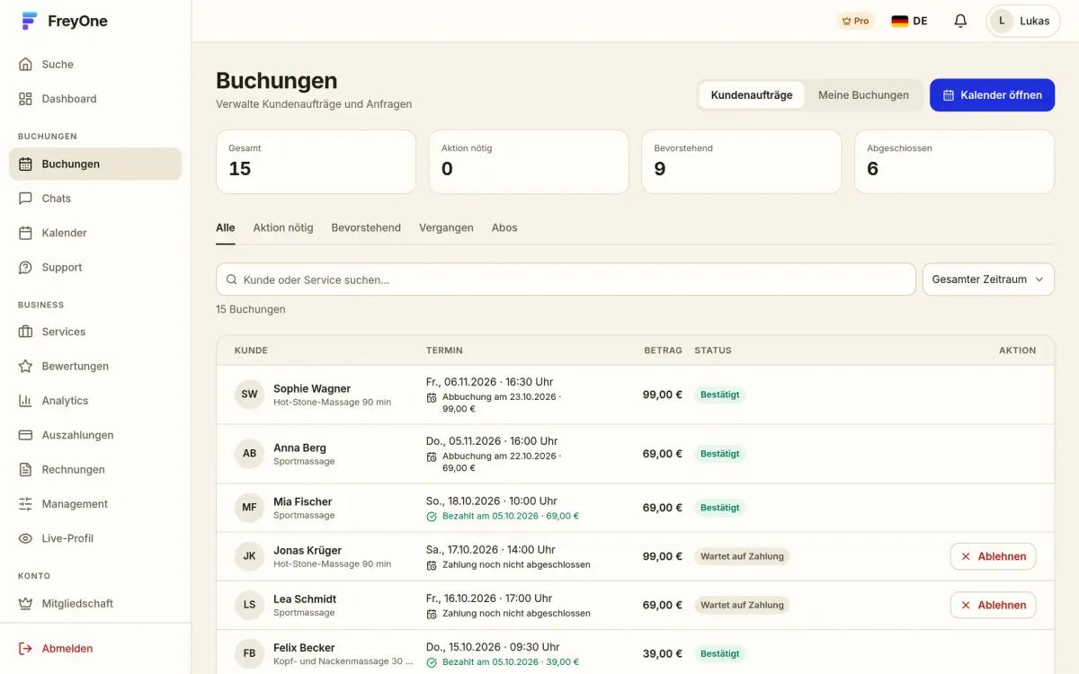 FreyOne im Browser: die Buchungsübersicht eines Anbieters