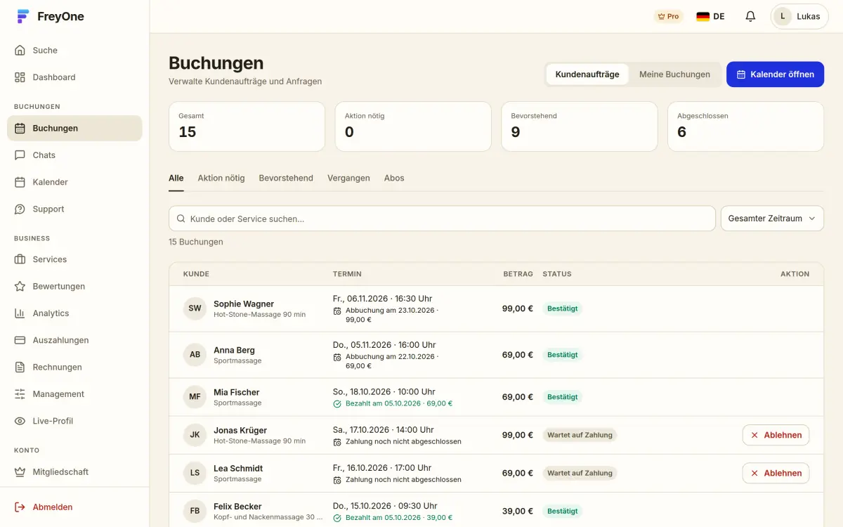 Buchungsliste eines Anbieters mit Status und Aktionen