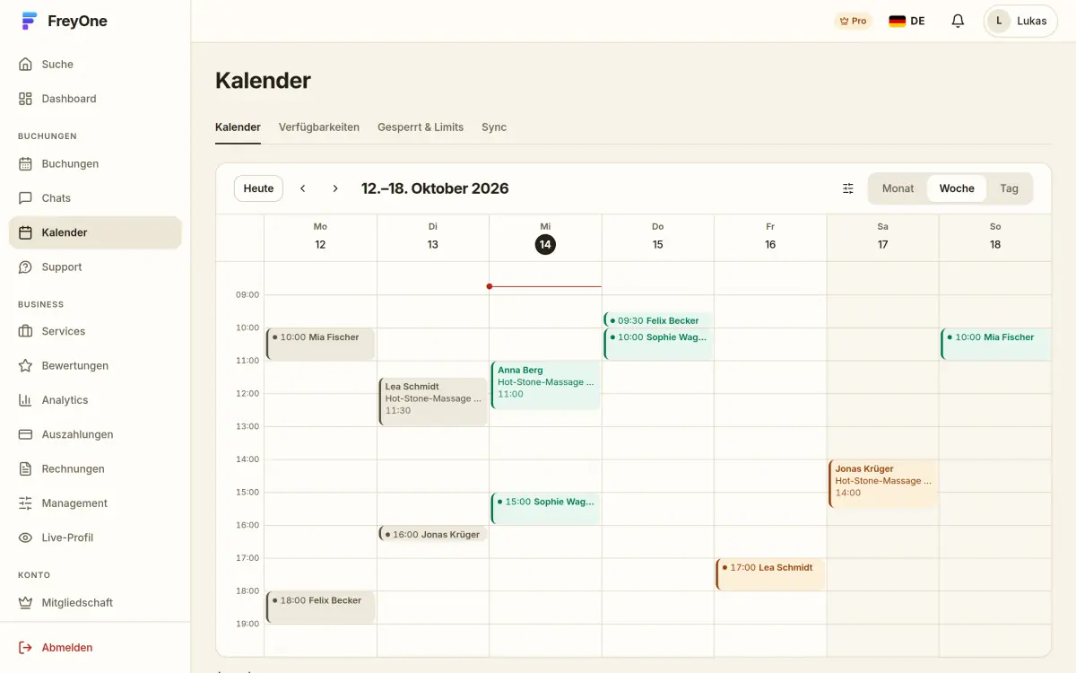 Wochenansicht im Kalender eines Anbieters mit seinen Buchungen