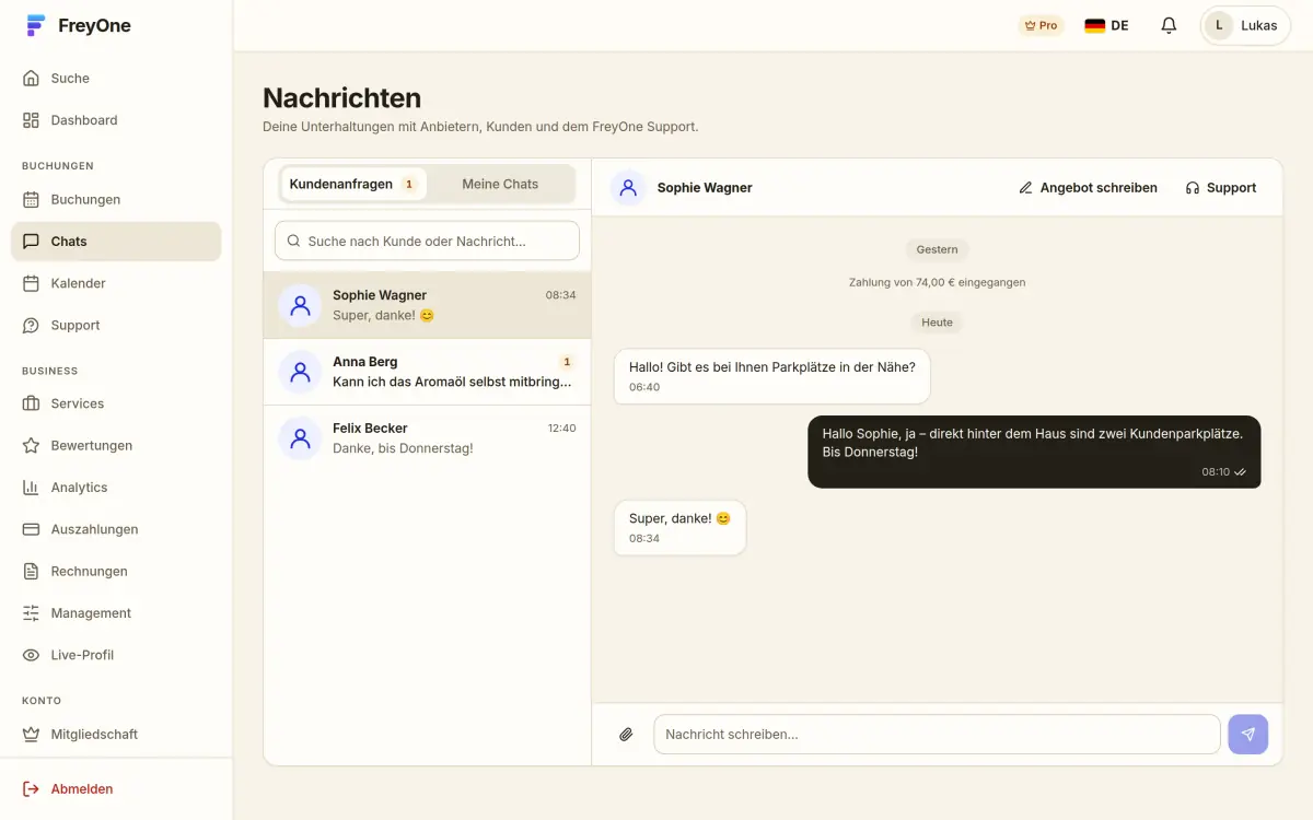 Chat eines Anbieters mit einer Kundin