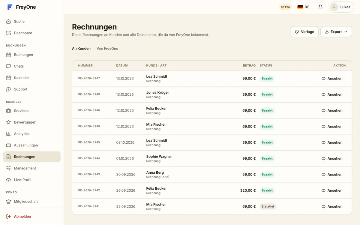 Rechnungen eines Anbieters an seine Kunden