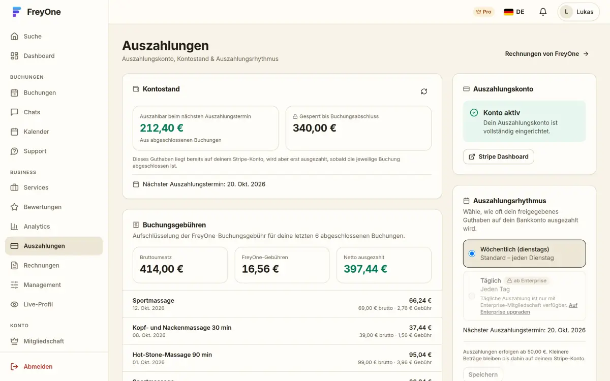 Auszahlungsübersicht eines Anbieters