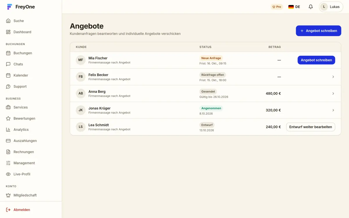 Angebote eines Anbieters mit Status