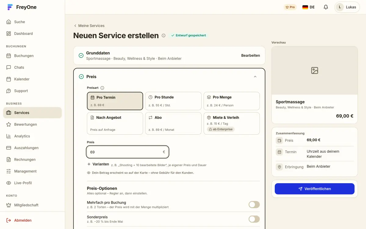 Neuen Service anlegen: Grunddaten, Preisart und Vorschau