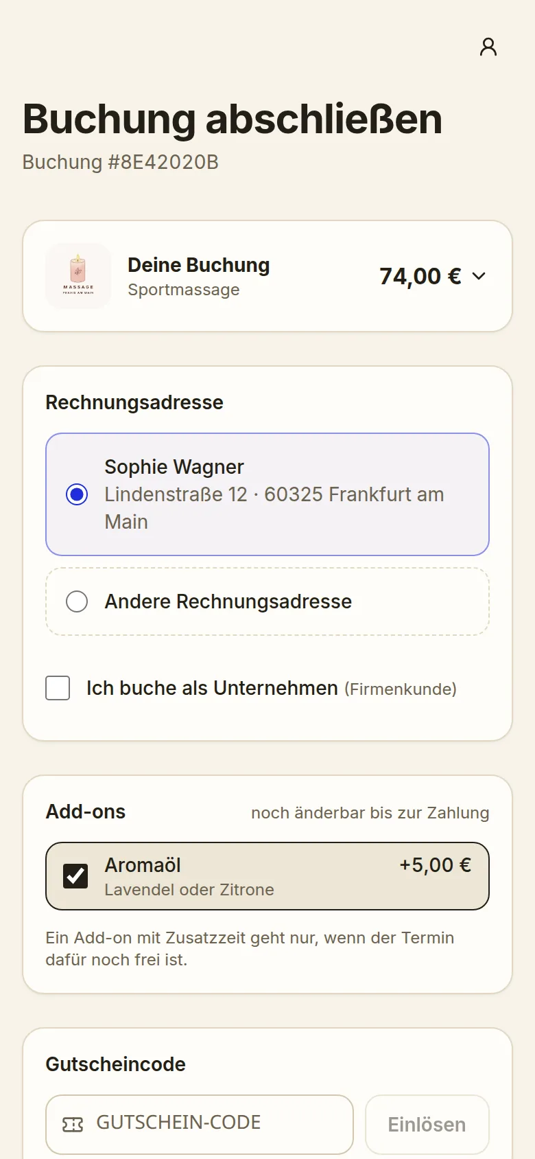 FreyOne: Buchung abschließen mit Buchungsübersicht und Rechnungsadresse