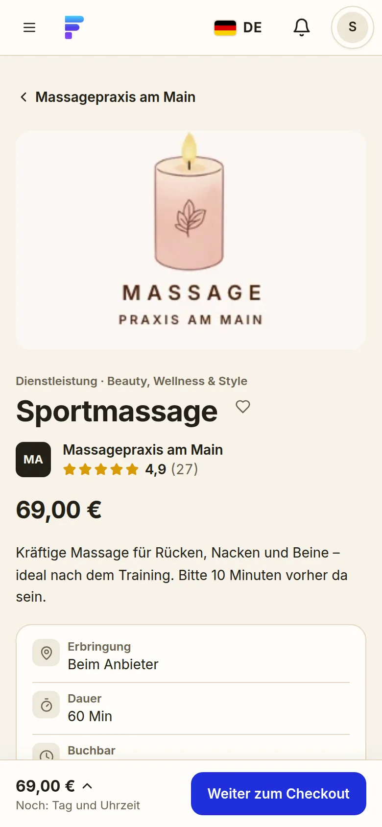 FreyOne: Service-Seite „Sportmassage“