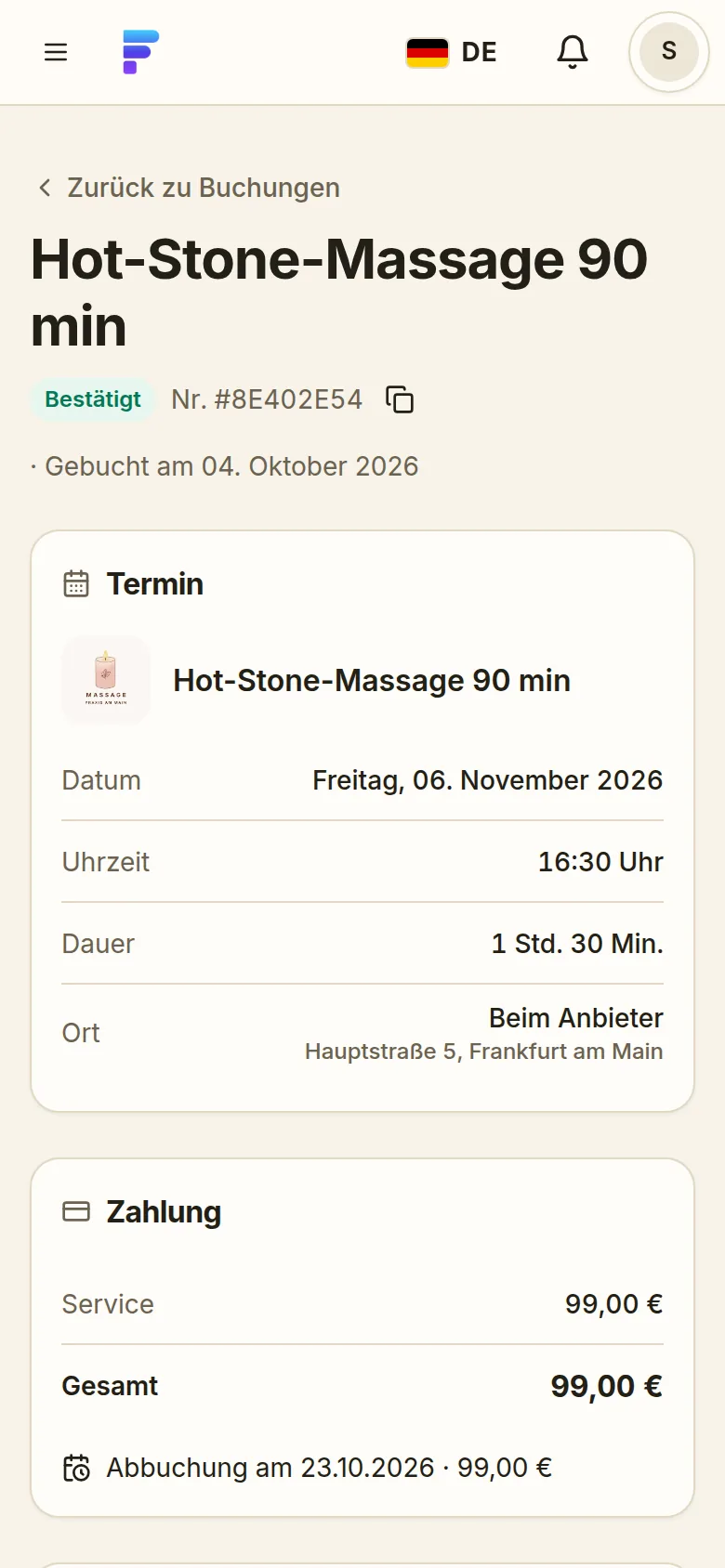 FreyOne auf dem Telefon: eine bestätigte Buchung aus Kundensicht
