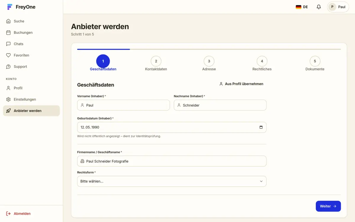 Onboarding „Anbieter werden“, Schritt 1: Geschäftsdaten