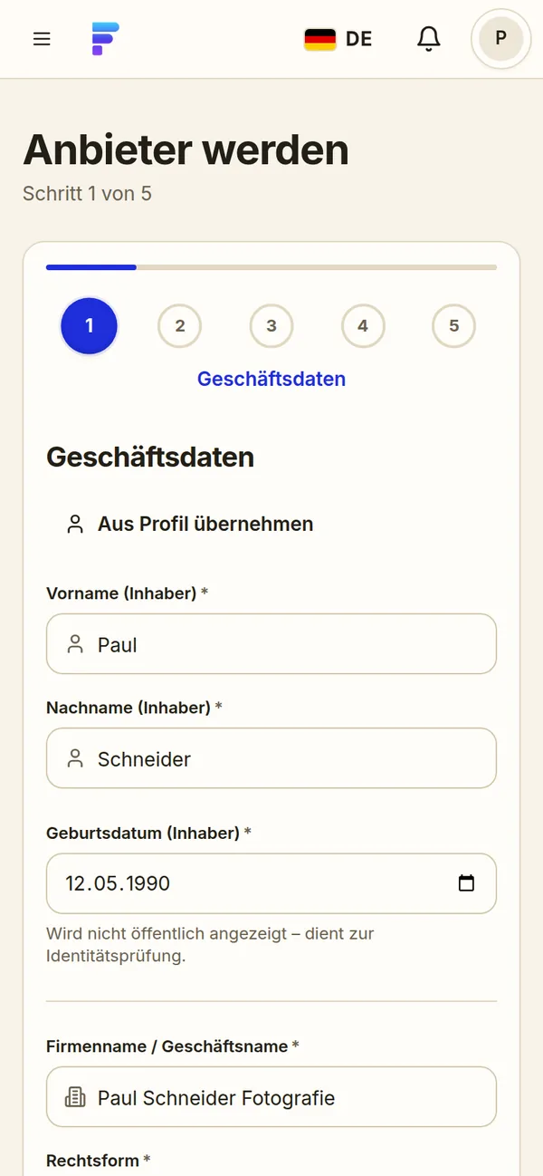 FreyOne-App: erster Schritt des Anbieter-Onboardings