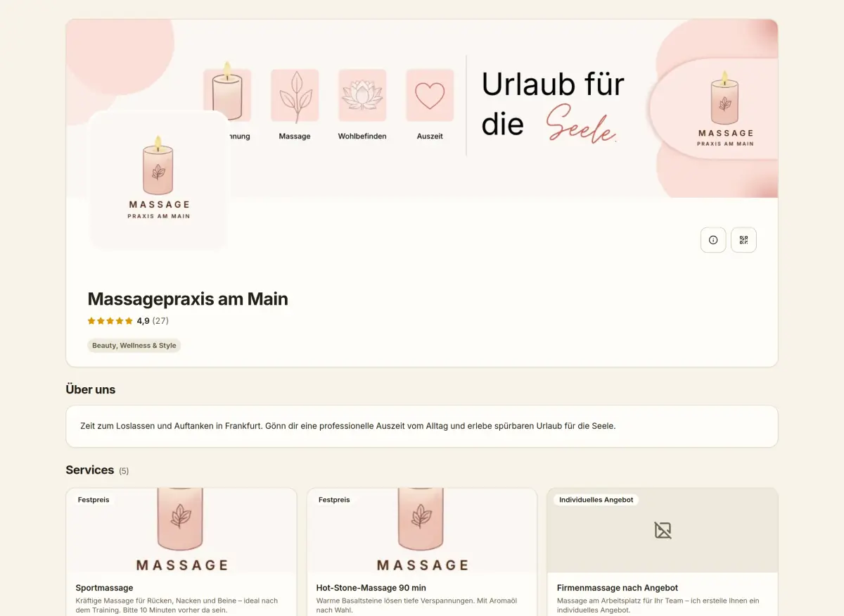 Öffentliches Profil eines Anbieters mit Bewertung, Über uns und Services