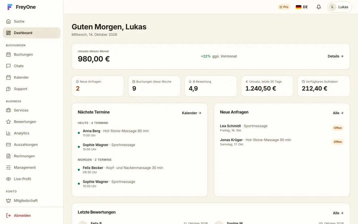 FreyOne-Dashboard eines Anbieters im Browser