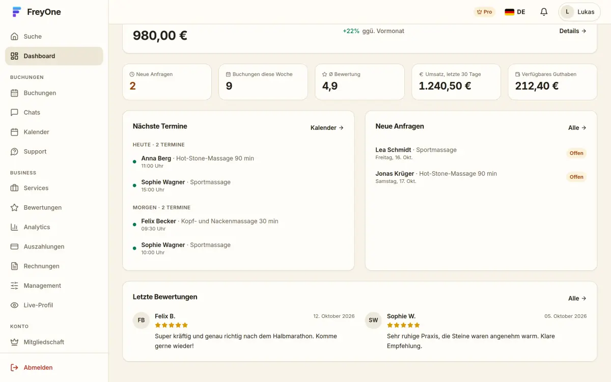 FreyOne-Dashboard eines Anbieters im Browser